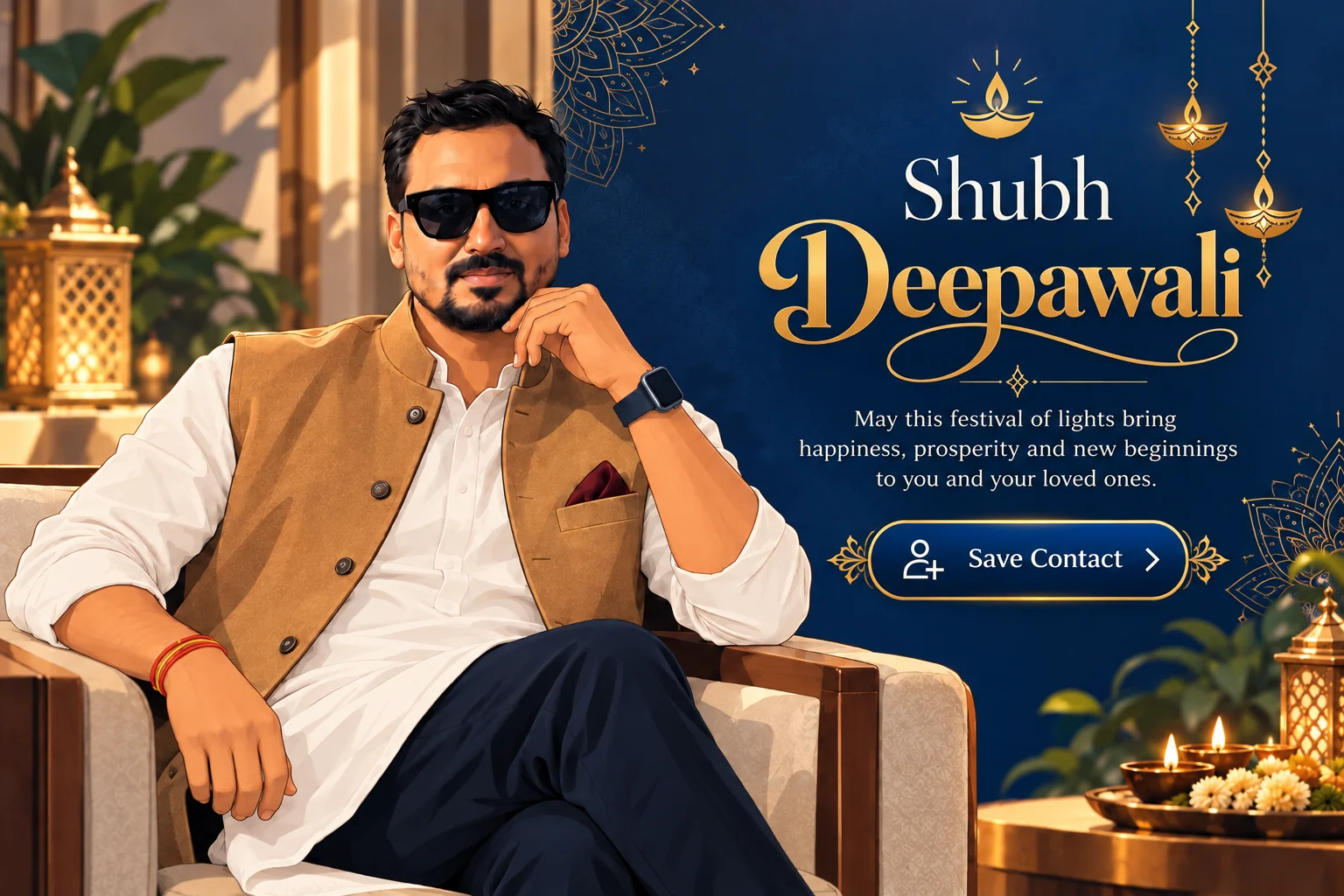 An illustrated Deepawali greeting, with a man in traditional attire on the left and Shubh Deepawali wishes on a blue and gold background on the right.